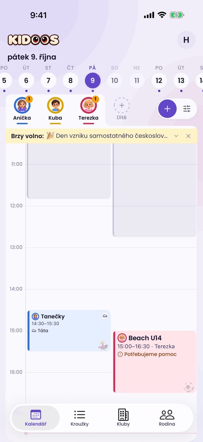 Den dítěte: škola a kroužky v aplikaci