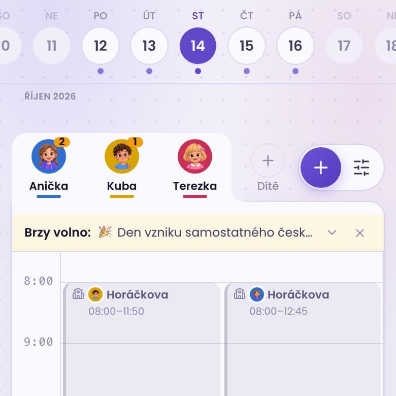 Mobilní kalendář: pruh dní a záložky dětí